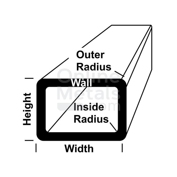 Onlinemetals Tube-Rectangle Radius Corner, Aluminum, 6061 Alloy Type, 12 L. 23690